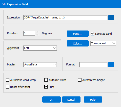 The copy function as entered into the Edit Expression Field dialog box.